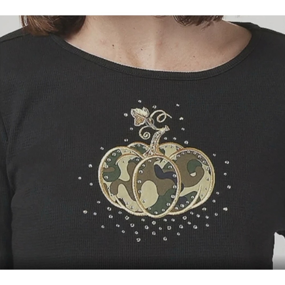 Quacker Factory Waffle Knit‎ Embroidered Pumpkin Camo Applique Rhinestone Autumn